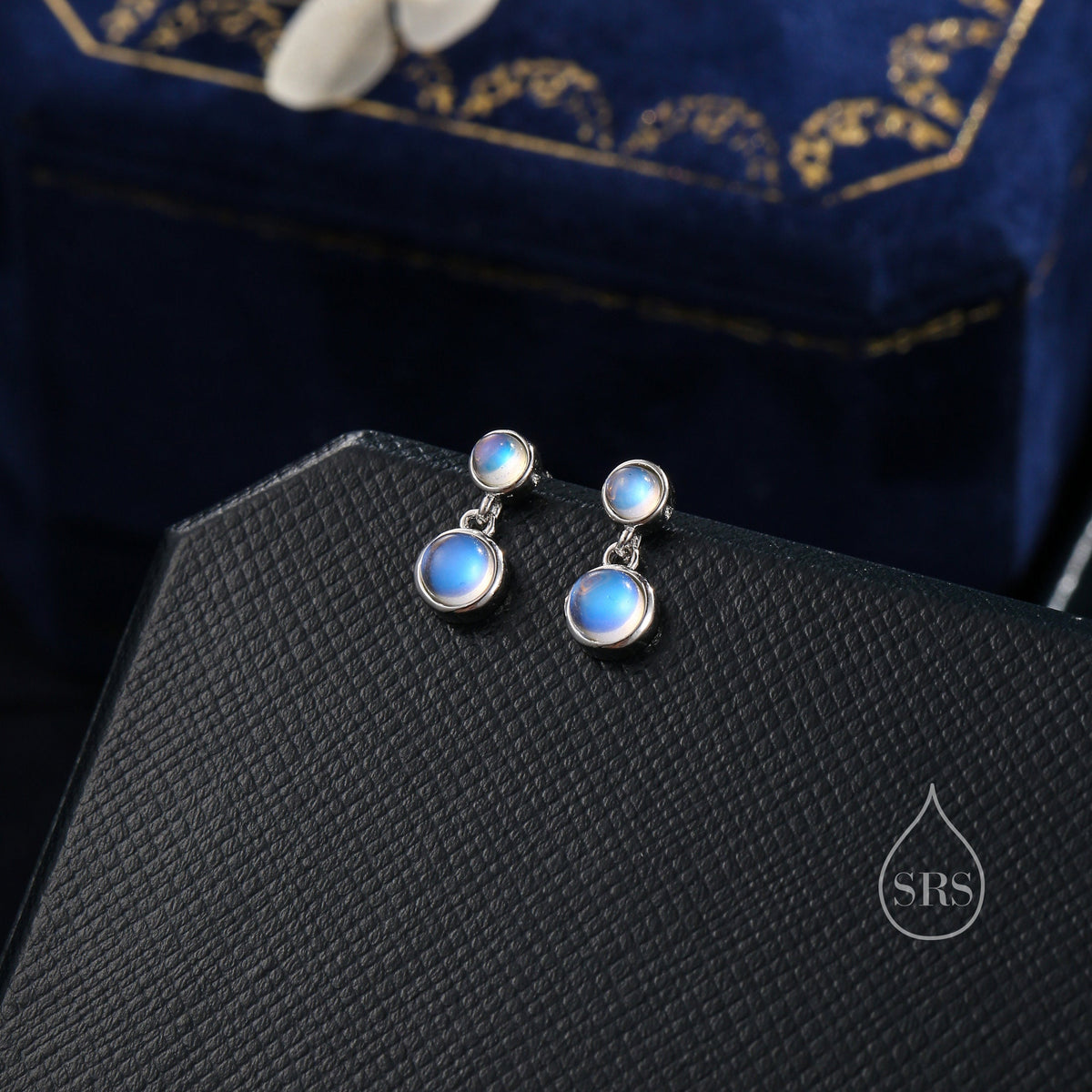 Double Moonstone Dangle Earrings in Sterling Silver, Silver or Gold, Lab Moonstone Bezel Earrings, Two Moonstone Earrings