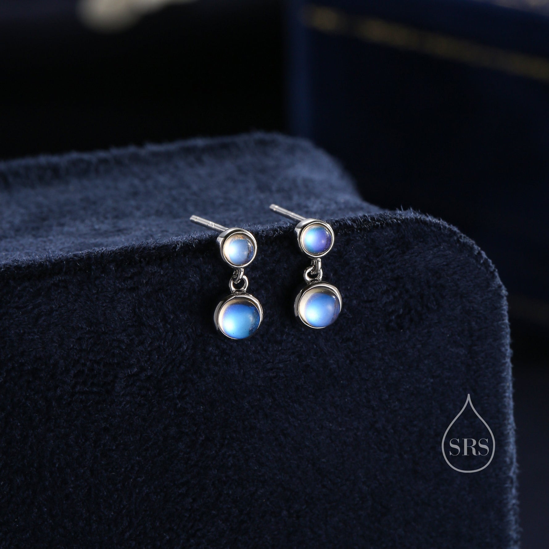 Double Moonstone Dangle Earrings in Sterling Silver, Silver or Gold, Lab Moonstone Bezel Earrings, Two Moonstone Earrings