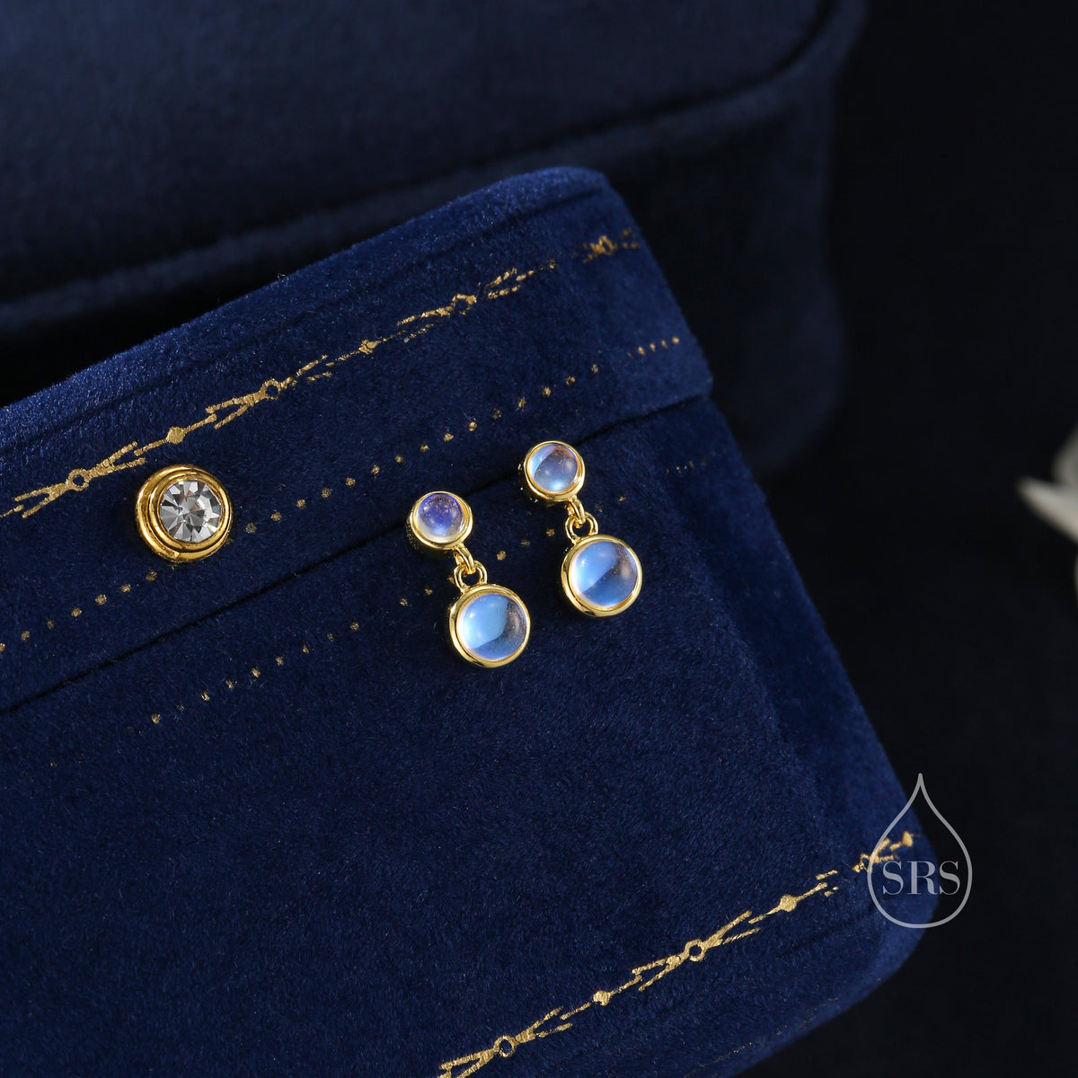 Double Moonstone Dangle Earrings in Sterling Silver, Silver or Gold, Lab Moonstone Bezel Earrings, Two Moonstone Earrings