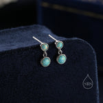 Double Opal Dangle Earrings in Sterling Silver, Silver or Gold, Lab Opal Bezel Earrings, Two Opal Earrings, Aqua Blue Opal