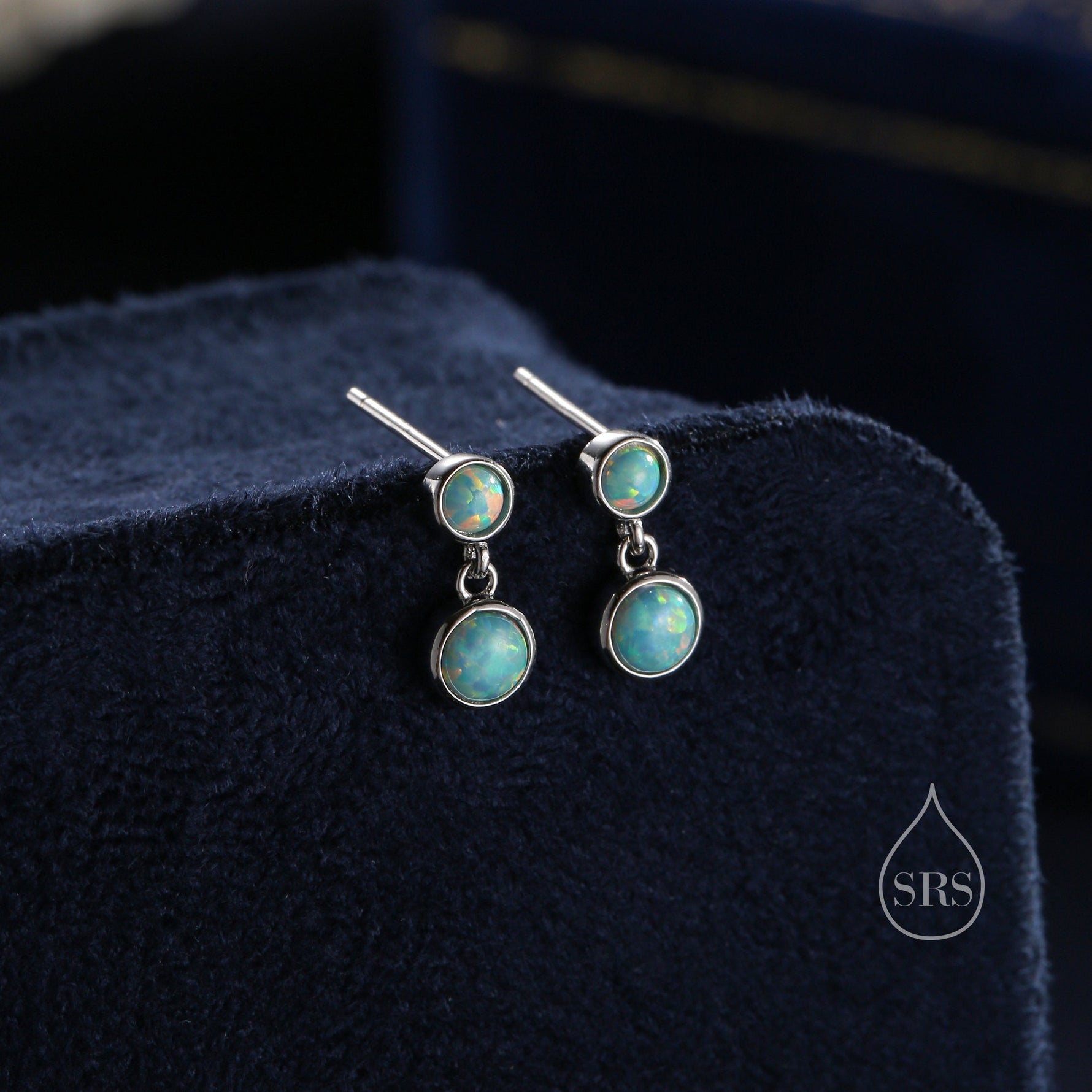 Double Opal Dangle Earrings in Sterling Silver, Silver or Gold, Lab Opal Bezel Earrings, Two Opal Earrings, Aqua Blue Opal