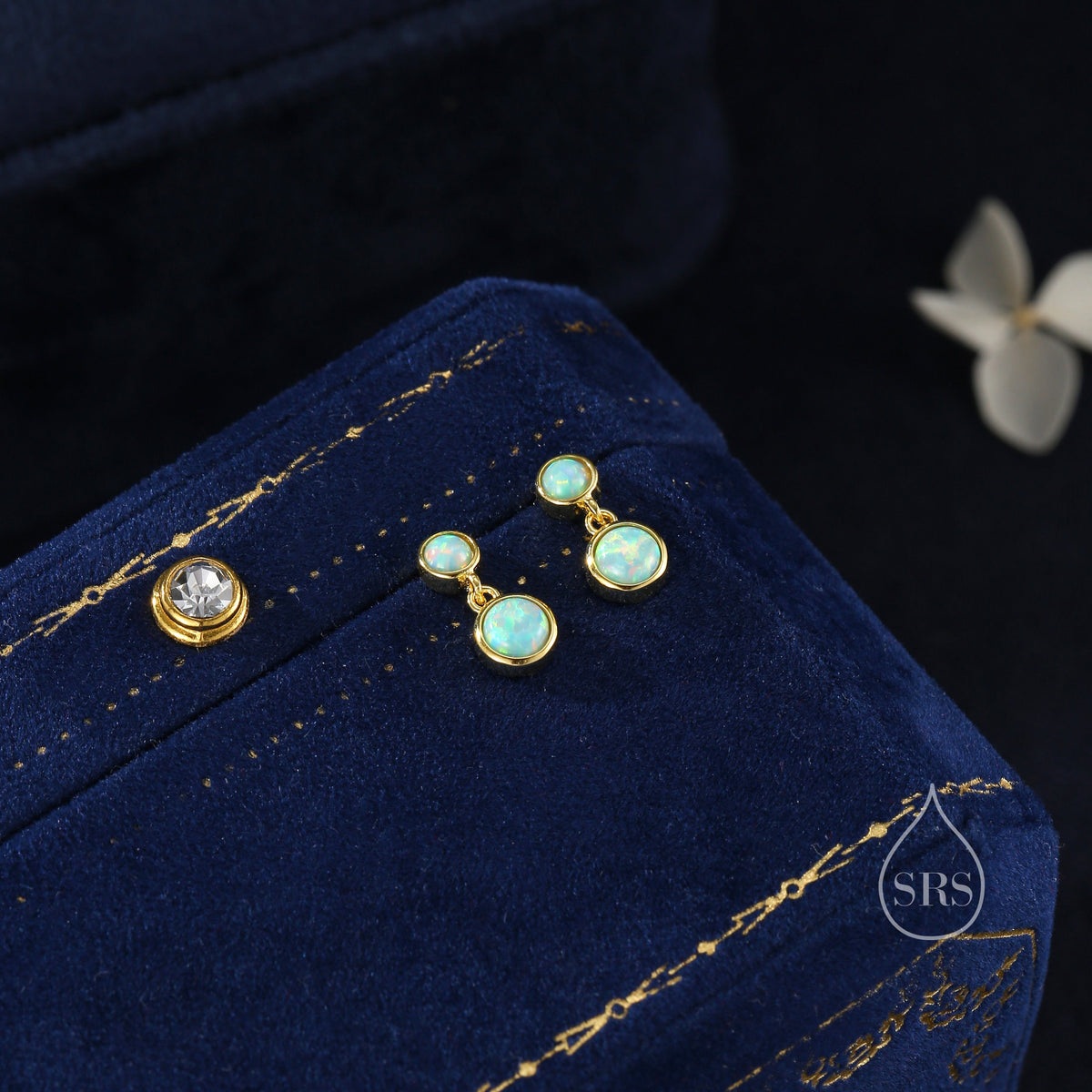 Double Opal Dangle Earrings in Sterling Silver, Silver or Gold, Lab Opal Bezel Earrings, Two Opal Earrings, Aqua Blue Opal