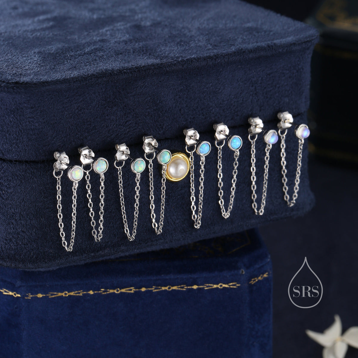 Blue Opal and Chain Ear Jacket in Sterling Silver, Silver or Gold, Blue Lab Opal Bezel Earrings, Front and Back Earrings