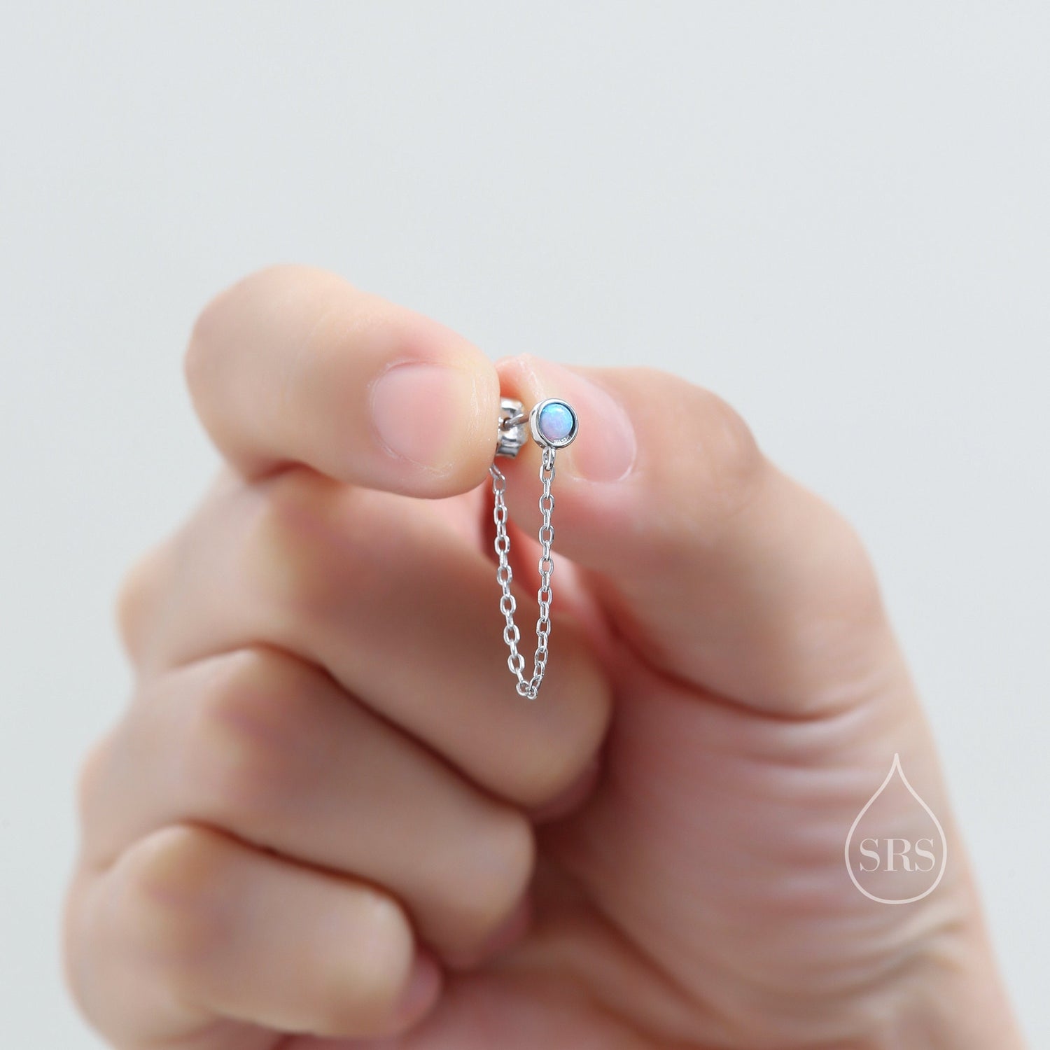 Blue Opal and Chain Ear Jacket in Sterling Silver, Silver or Gold, Blue Lab Opal Bezel Earrings, Front and Back Earrings