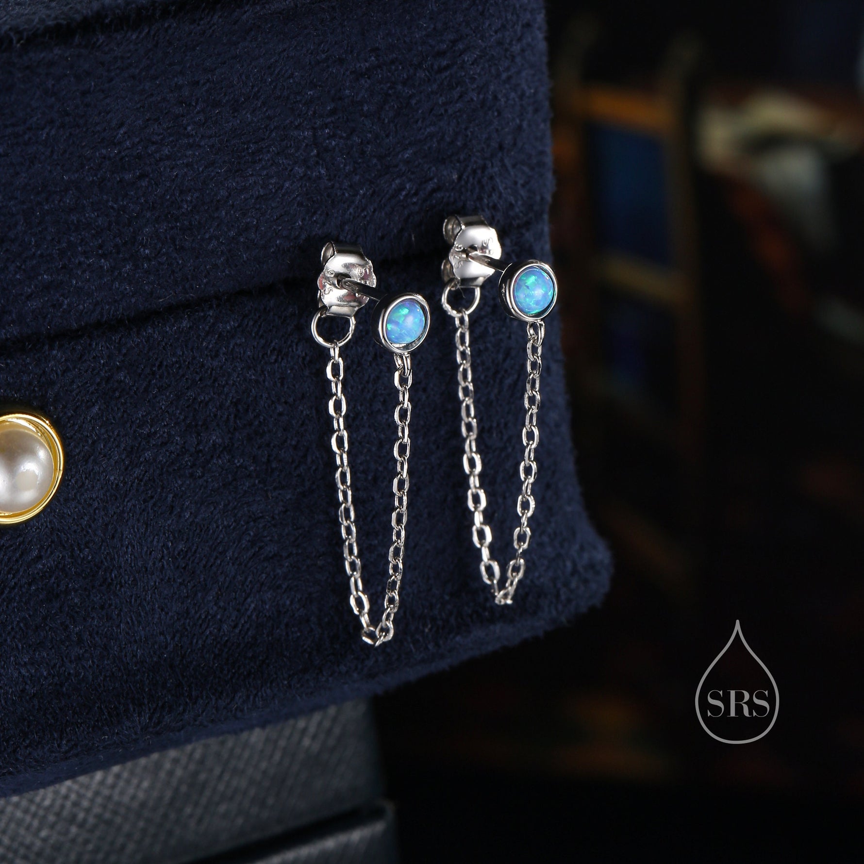 Blue Opal and Chain Ear Jacket in Sterling Silver, Silver or Gold, Blue Lab Opal Bezel Earrings, Front and Back Earrings