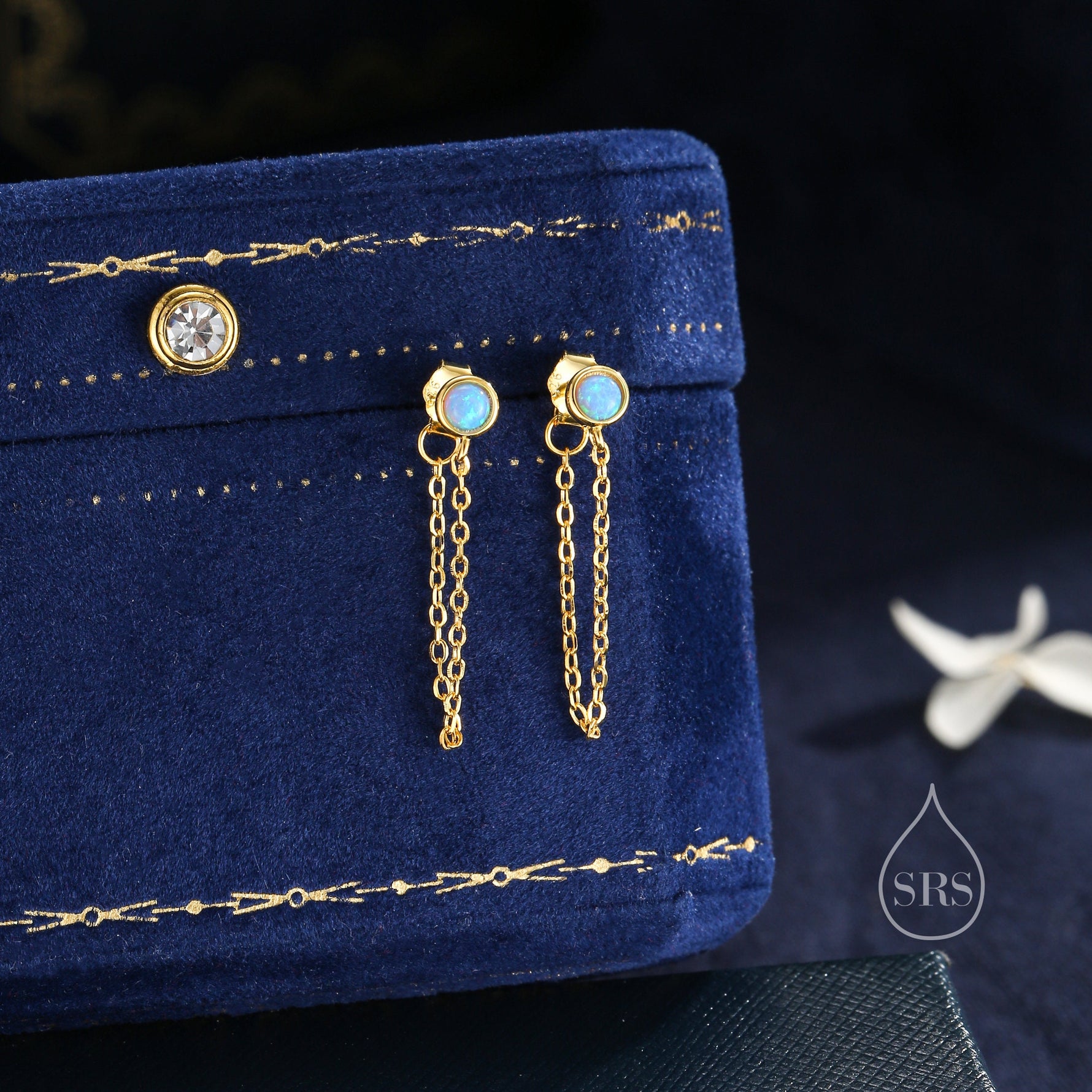 Blue Opal and Chain Ear Jacket in Sterling Silver, Silver or Gold, Blue Lab Opal Bezel Earrings, Front and Back Earrings