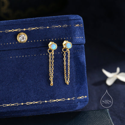 Blue Opal and Chain Ear Jacket in Sterling Silver,  Silver or Gold, Blue Lab Opal Bezel Earrings, Front and Back Earrings