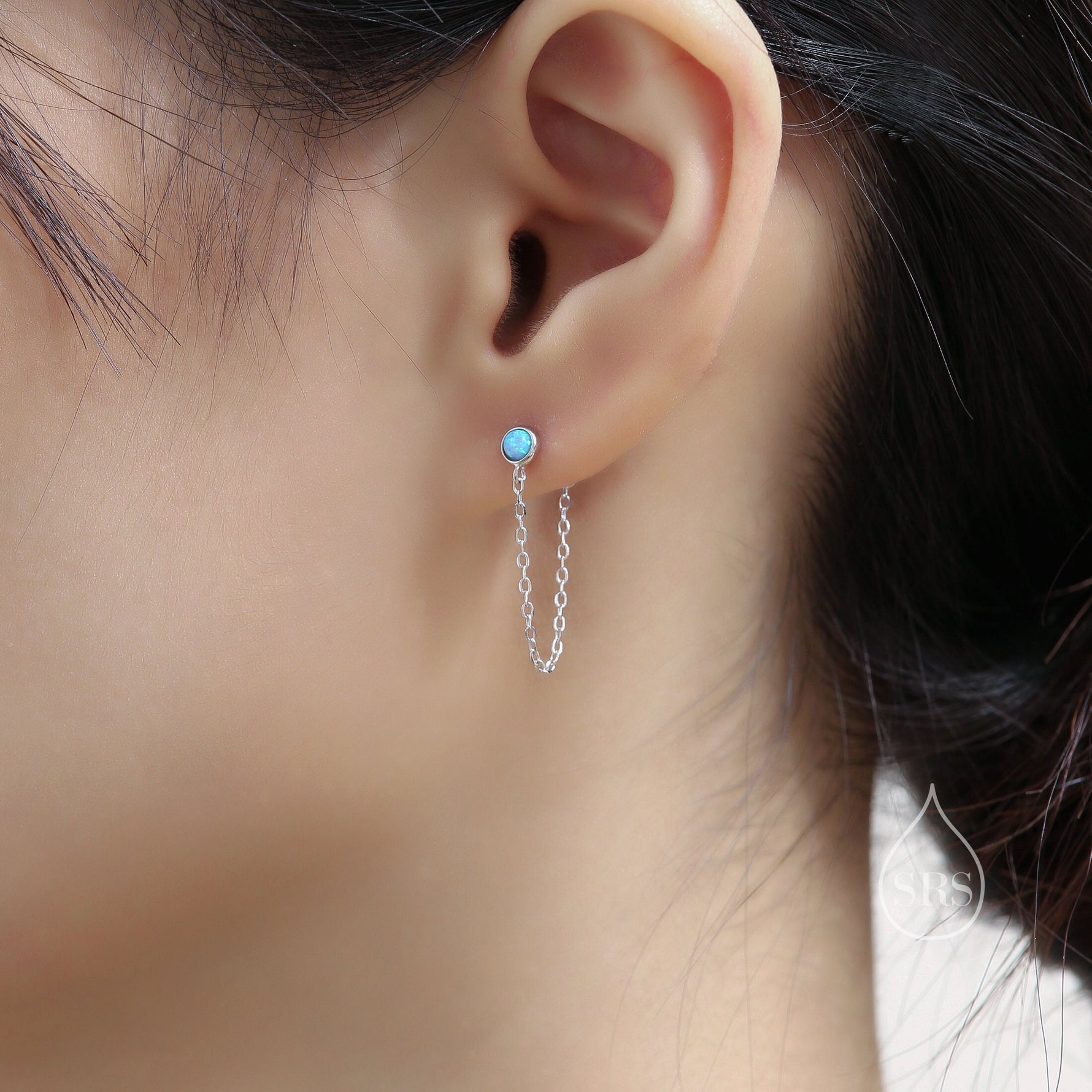Blue Opal and Chain Ear Jacket in Sterling Silver, Silver or Gold, Blue Lab Opal Bezel Earrings, Front and Back Earrings