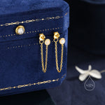 White Opal and Chain Ear Jacket in Sterling Silver, Silver or Gold, Blue Lab Opal Bezel Earrings, Front and Back Earrings