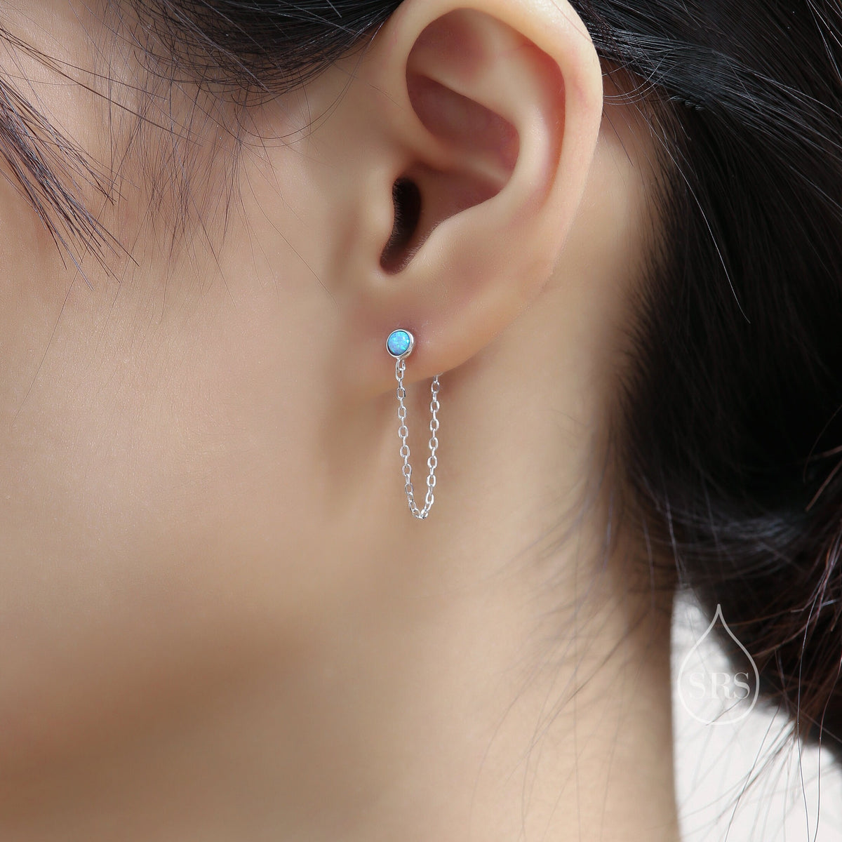 White Opal and Chain Ear Jacket in Sterling Silver, Silver or Gold, Blue Lab Opal Bezel Earrings, Front and Back Earrings