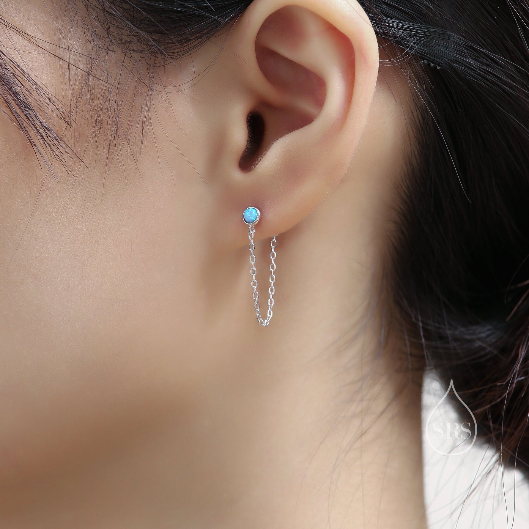 White Opal and Chain Ear Jacket in Sterling Silver, Silver or Gold, Blue Lab Opal Bezel Earrings, Front and Back Earrings