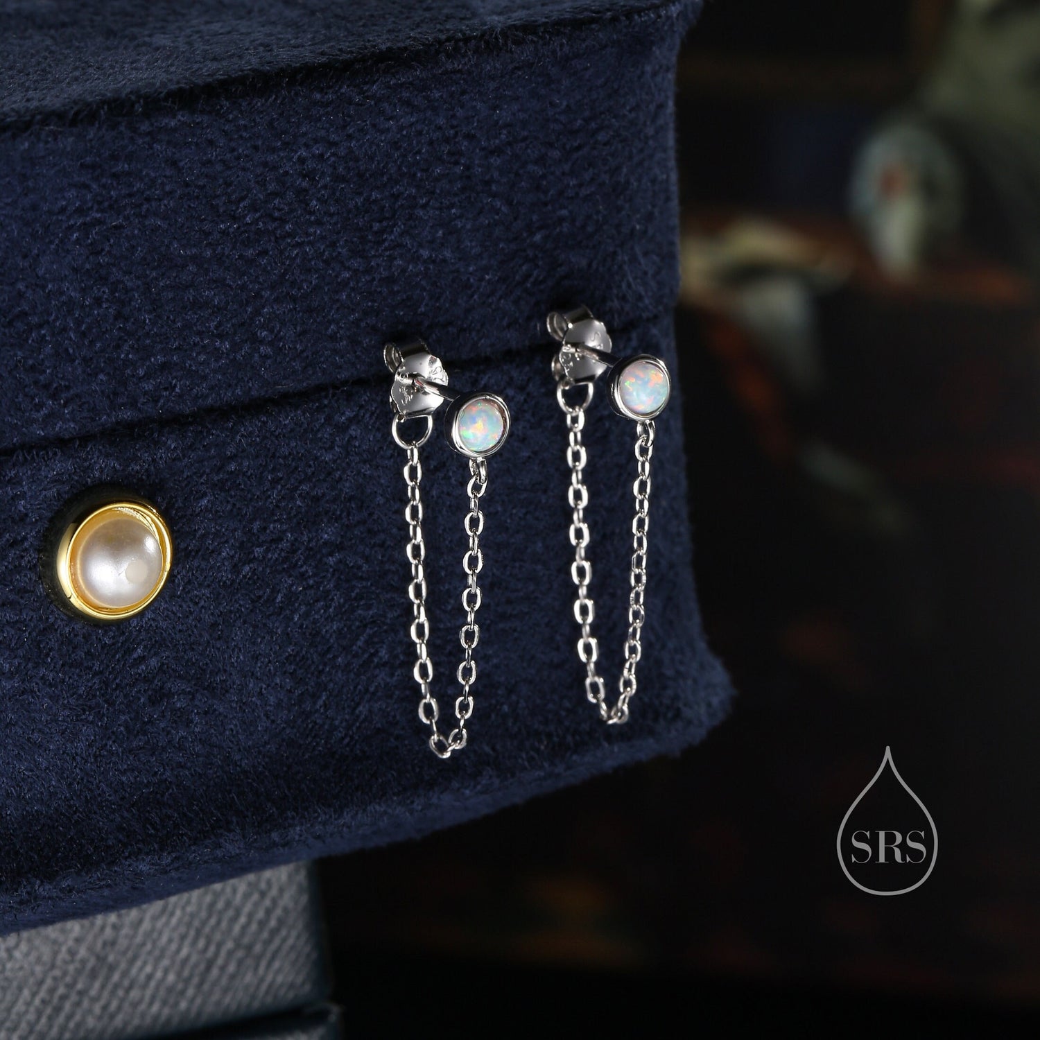 White Opal and Chain Ear Jacket in Sterling Silver, Silver or Gold, Blue Lab Opal Bezel Earrings, Front and Back Earrings