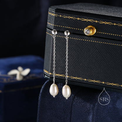 Sale! Genuine Freshwater Pearl Long Drop Earrings in Sterling Silver, Delicate Keshi Pearl Earrings, Pearl Stud Dangle Earrings