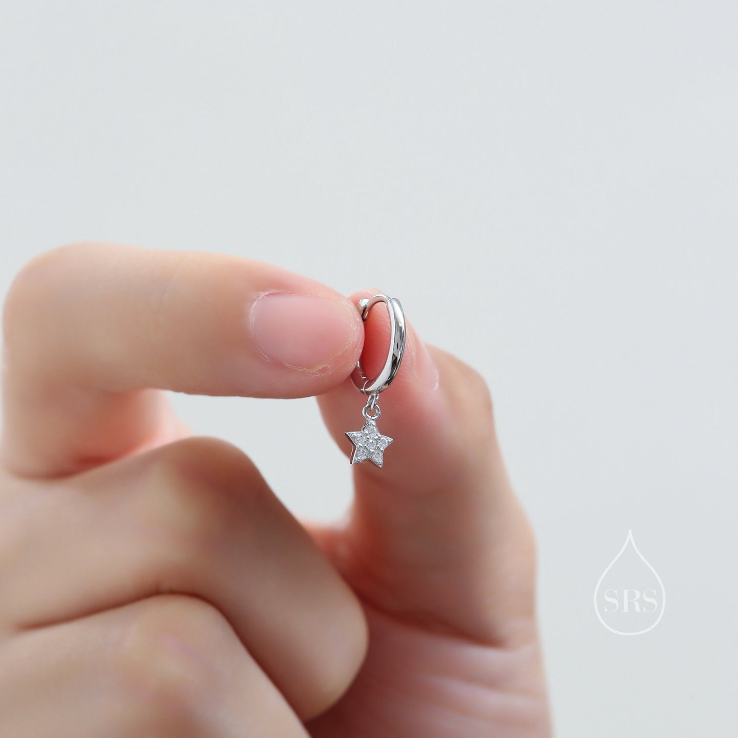 Moon and Star CZ Dangle Huggie Hoop Earrings in Sterling Silver, Silver or Gold or Rose Gold, CZ Moon and Star Skinny Hoops