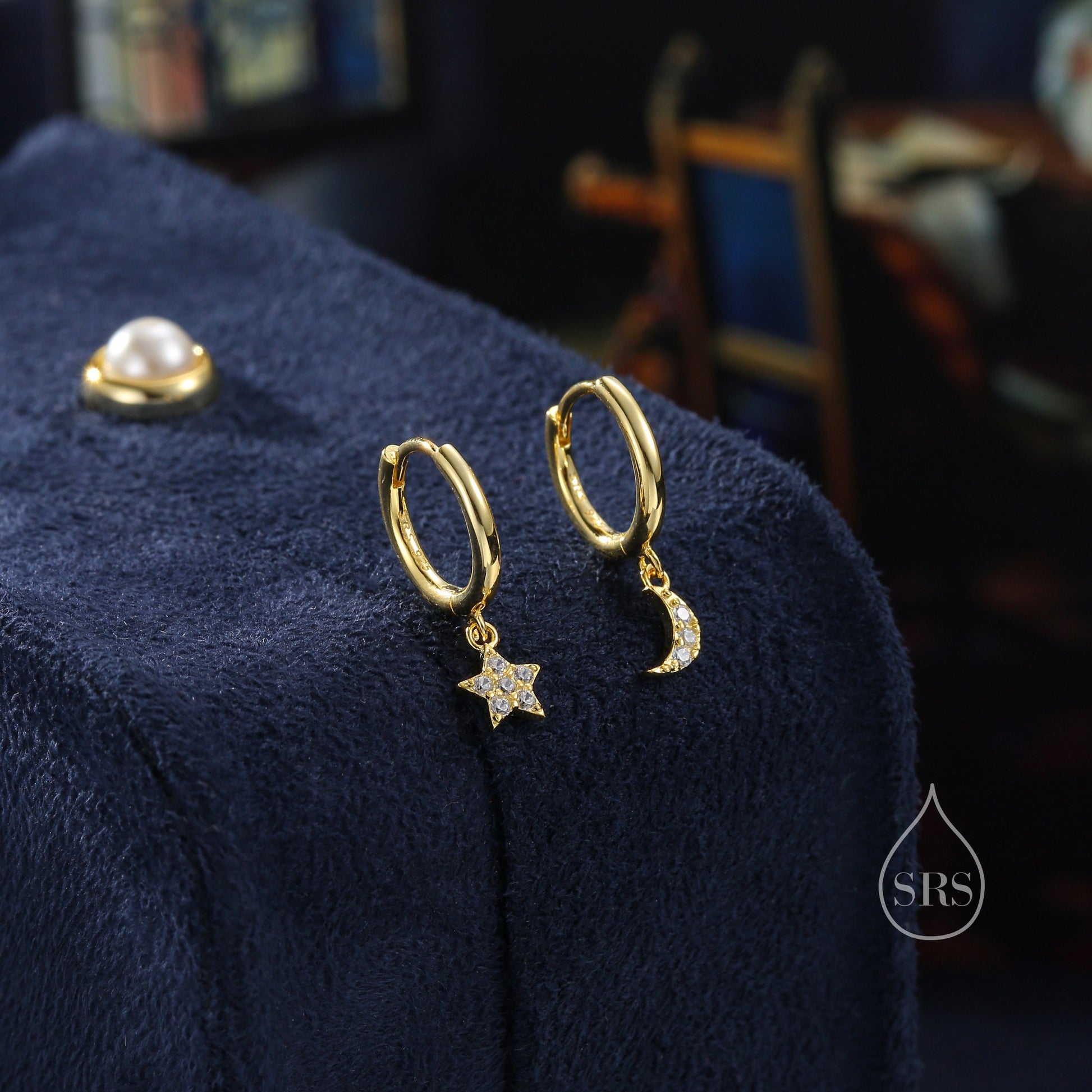 Moon and Star CZ Dangle Huggie Hoop Earrings in Sterling Silver, Silver or Gold or Rose Gold, CZ Moon and Star Skinny Hoops