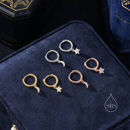 Moon and Star CZ Dangle Huggie Hoop Earrings in Sterling Silver, Silver or Gold or Rose Gold, CZ Moon and Star Skinny Hoops