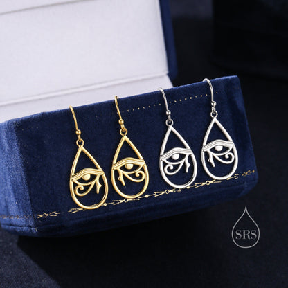 Eye of Horus Drop Hook Earrings in Sterling Silver, Silver or Gold, Ancient Egypt Inspired Earrings, Egyptian Eye Earrings