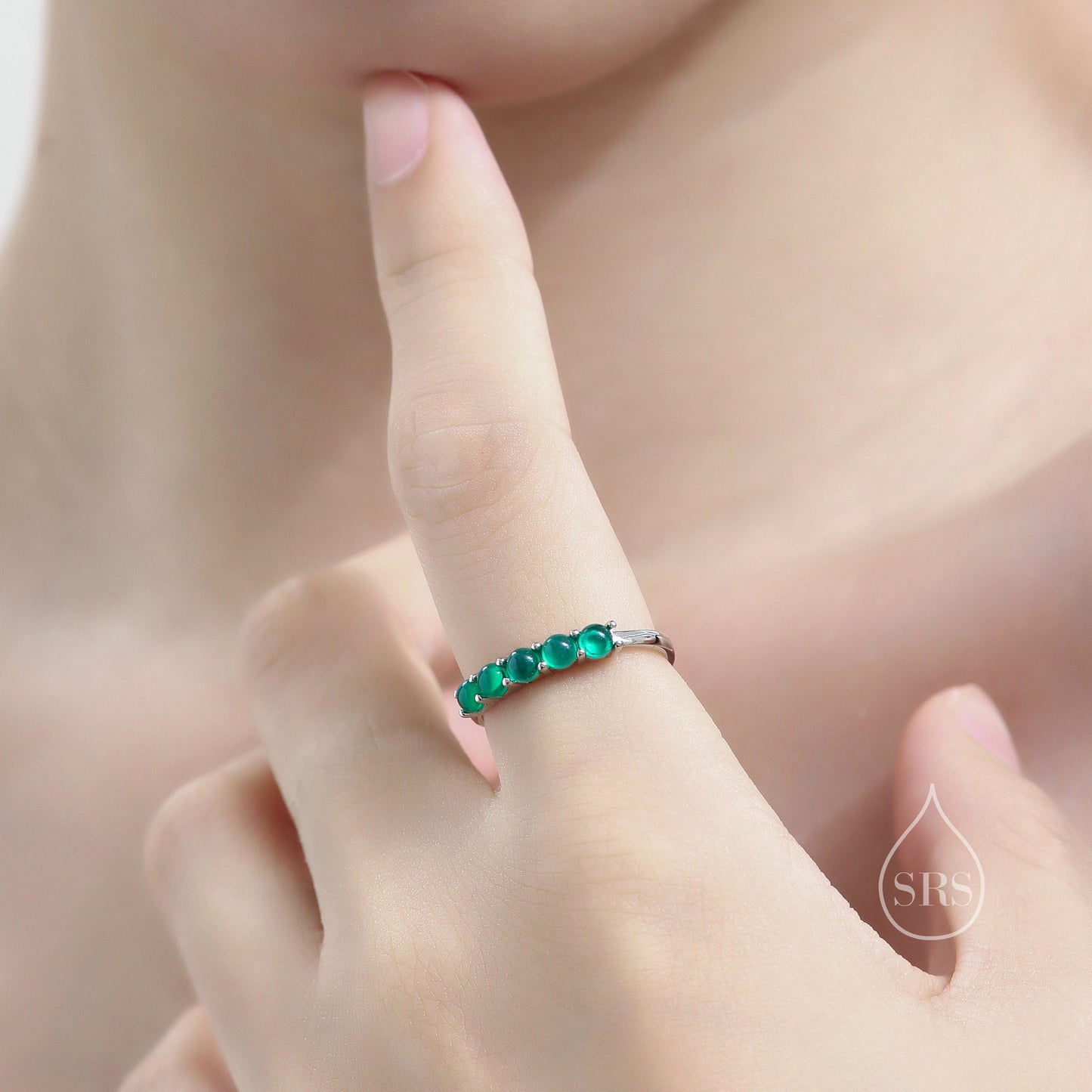 Natural Green Onyx Half Infinity Ring in Sterling Silver, Adjustable Size, Green Onyx Ring,  Green Onyx  Prong Ring