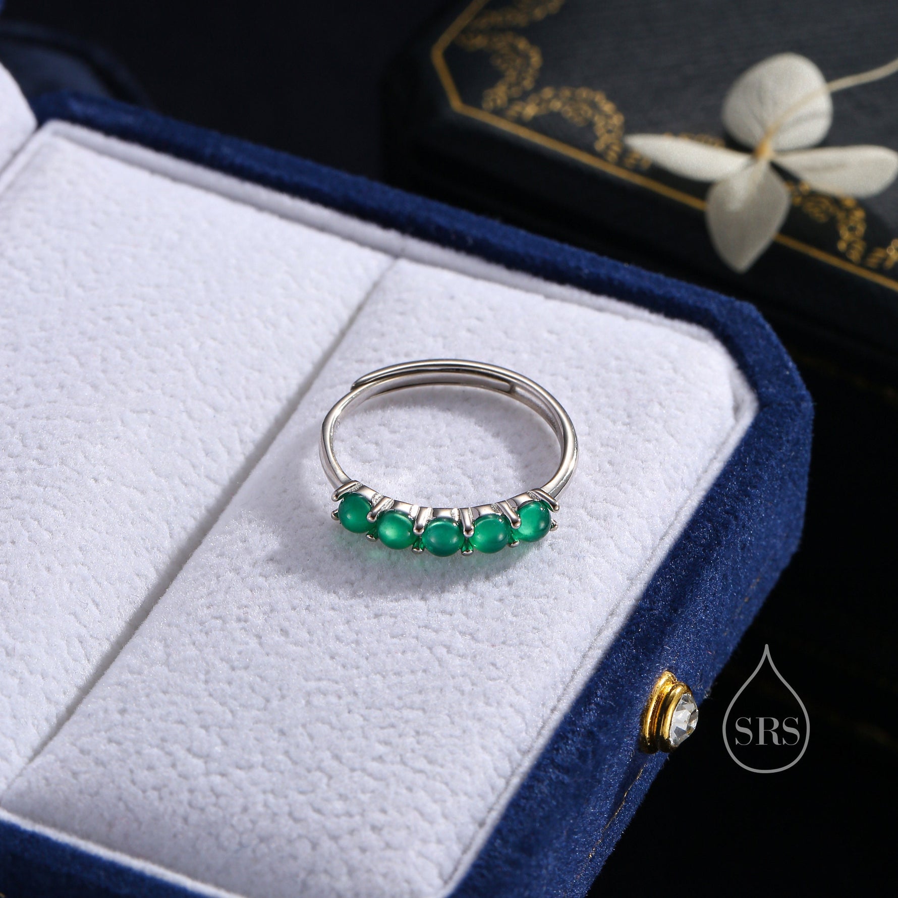 Natural Green Onyx Half Infinity Ring in Sterling Silver, Adjustable Size, Green Onyx Ring, Green Onyx Prong Ring