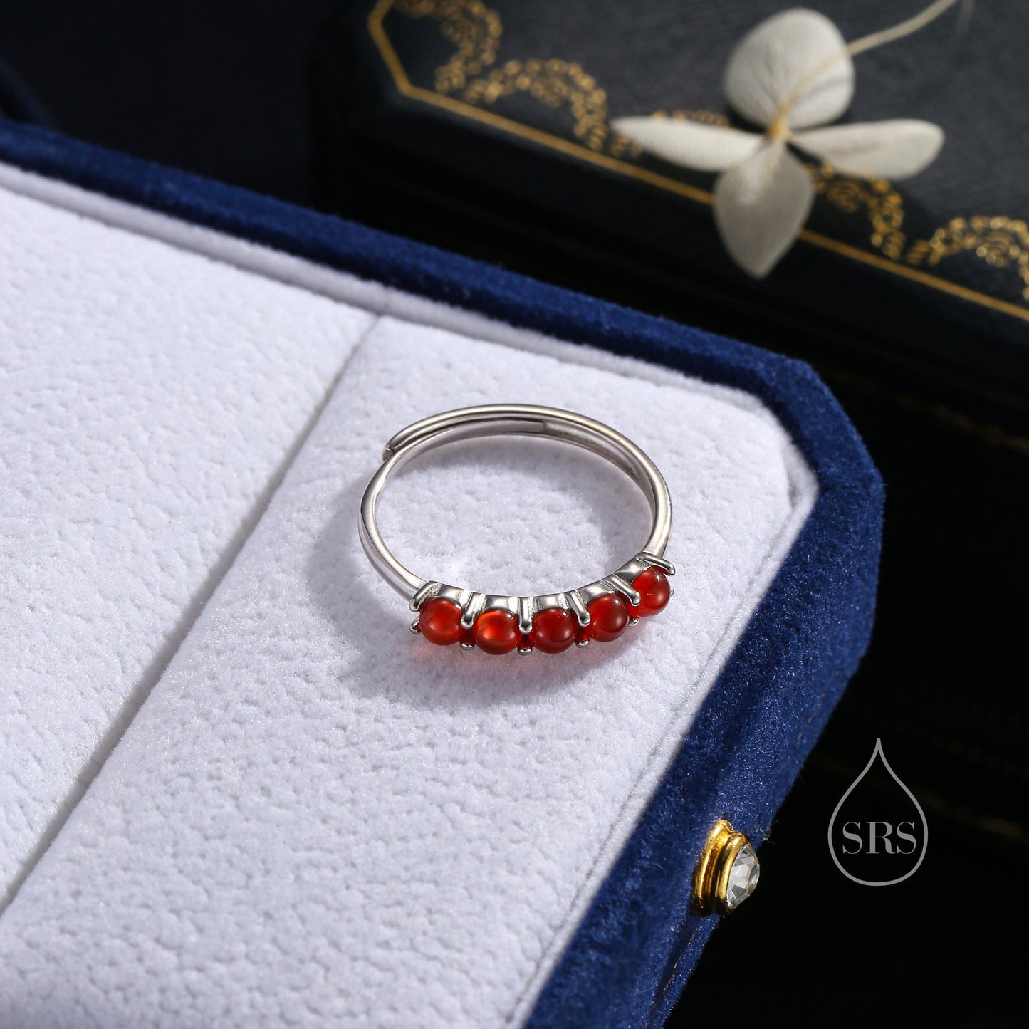 Natural Red Carnelian Half Infinity Ring in Sterling Silver, Adjustable Size, Red Carnelian Ring