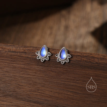 Sterling Silver Droplet Moonstone Crown Stud Earrings, Prong Set, Mermaid Colour Pear Cut Earrings, Simulated Moonstone Glass Earrings