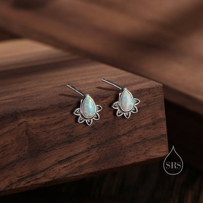 Sterling Silver Droplet Opal Crown Stud Earrings, Prong Set, White Opal Pear Cut Earrings, Simulated Fire Opal Earrings