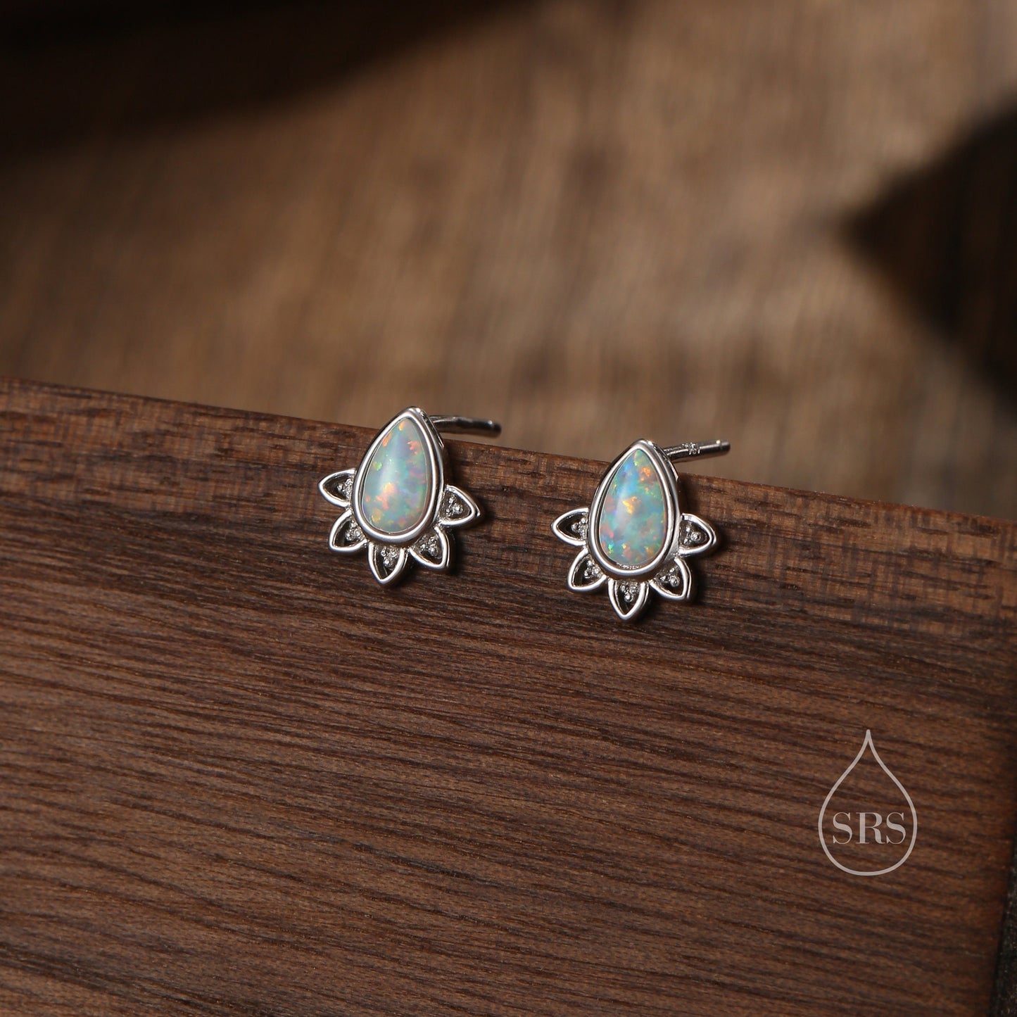 Sterling Silver Droplet Opal Crown Stud Earrings, Prong Set, White Opal Pear Cut Earrings, Simulated Fire Opal Earrings