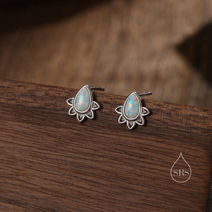 Sterling Silver Droplet Opal Crown Stud Earrings, Prong Set, White Opal Pear Cut Earrings, Simulated Fire Opal Earrings