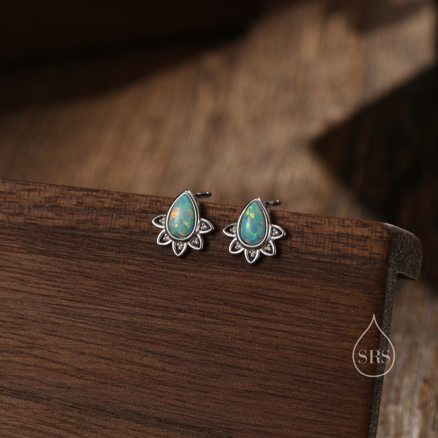 Sterling Silver Droplet Green Opal Crown Stud Earrings, Prong Set, Aqua Blue Opal Pear Cut Earrings, Simulated Fire Opal Earrings