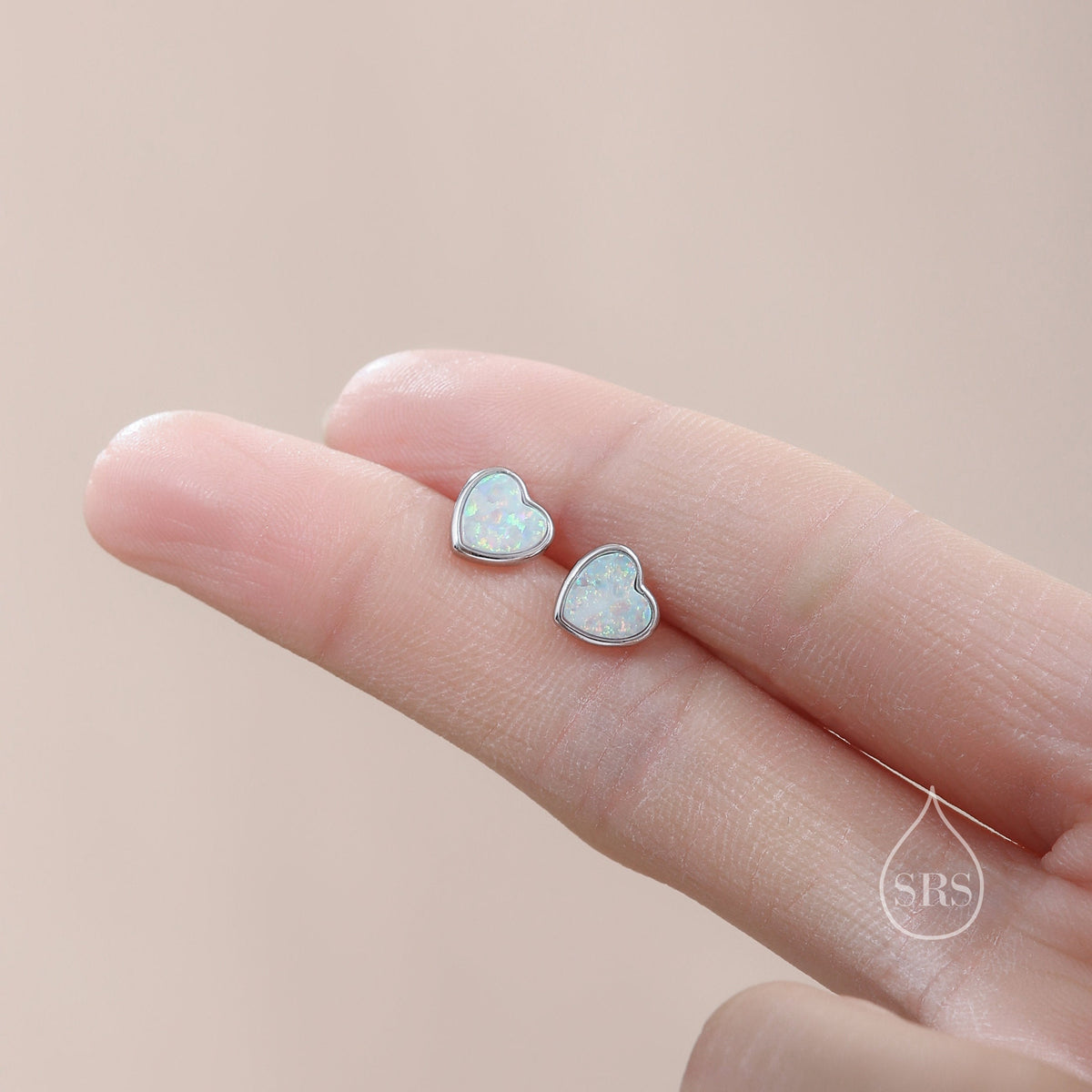 White Opal Heart Stud Earrings in Sterling Silver, Lab Opal Heart Earrings, Silver or Gold or rose gold, Delicate Fire Opal Heart Earrings