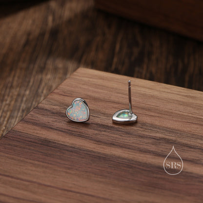 White Opal Heart Stud Earrings in Sterling Silver, Lab Opal Heart Earrings, Silver or Gold or rose gold,  Delicate Fire Opal Heart Earrings