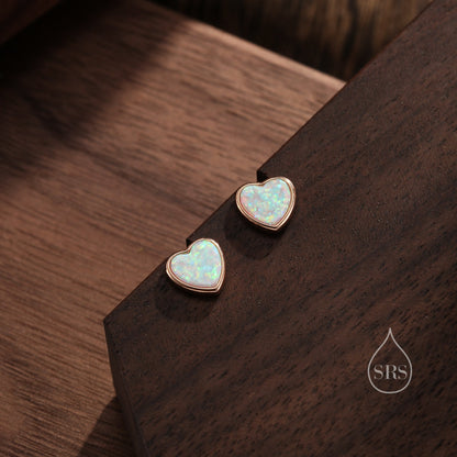 White Opal Heart Stud Earrings in Sterling Silver, Lab Opal Heart Earrings, Silver or Gold or rose gold,  Delicate Fire Opal Heart Earrings