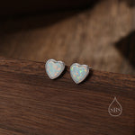 White Opal Heart Stud Earrings in Sterling Silver, Lab Opal Heart Earrings, Silver or Gold or rose gold, Delicate Fire Opal Heart Earrings