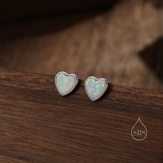 White Opal Heart Stud Earrings in Sterling Silver, Lab Opal Heart Earrings, Silver or Gold or rose gold,  Delicate Fire Opal Heart Earrings