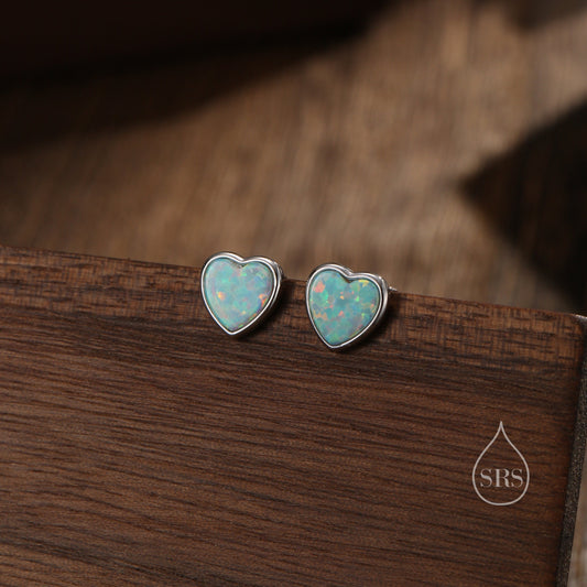 Green Opal Heart Stud Earrings in Sterling Silver, Lab Opal Heart Earrings, Silver or Gold or rose gold, Delicate Auqa Blue Opal Earrings
