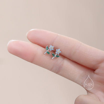 Opal Blue CZ Flower Stud Earrings in Sterling Silver, Silver, Gold or Rose Gold, Delicate CZ Flower Stud Earrings