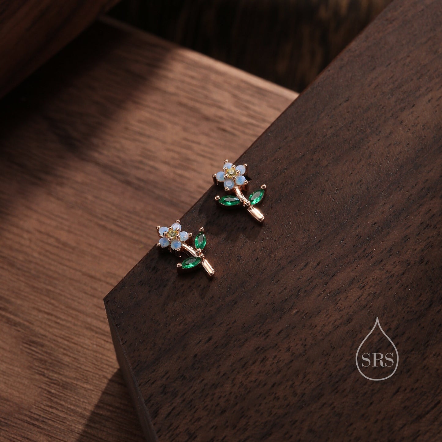 Opal Blue CZ Flower Stud Earrings in Sterling Silver, Silver, Gold or Rose Gold, Delicate CZ Flower Stud Earrings