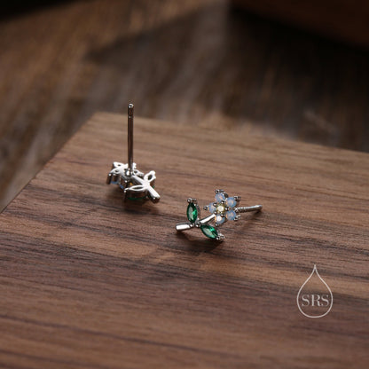 Opal Blue CZ Flower Stud Earrings in Sterling Silver, Silver, Gold or Rose Gold, Delicate CZ Flower Stud Earrings