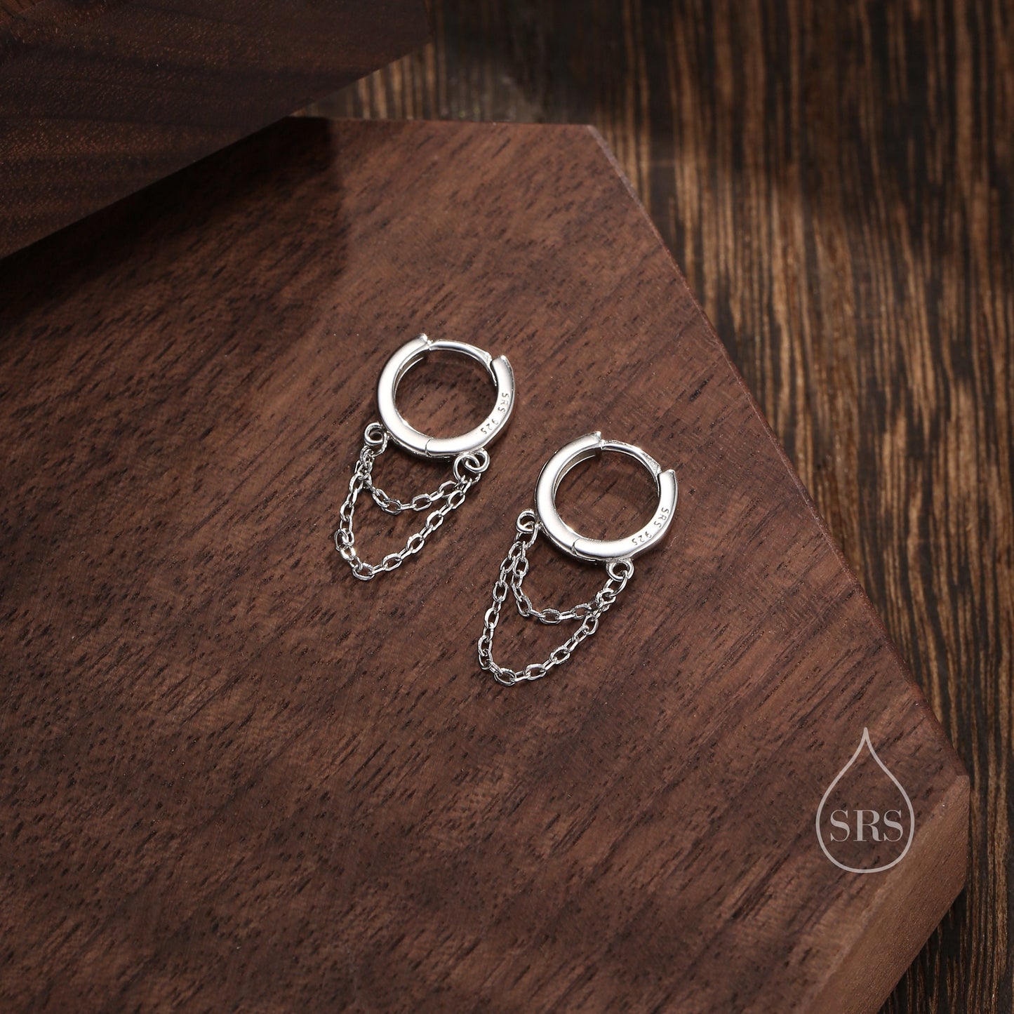 Chained Hoop Earrings in Sterling Silver, Silver or Gold, Huggie Hoops with Double Chains