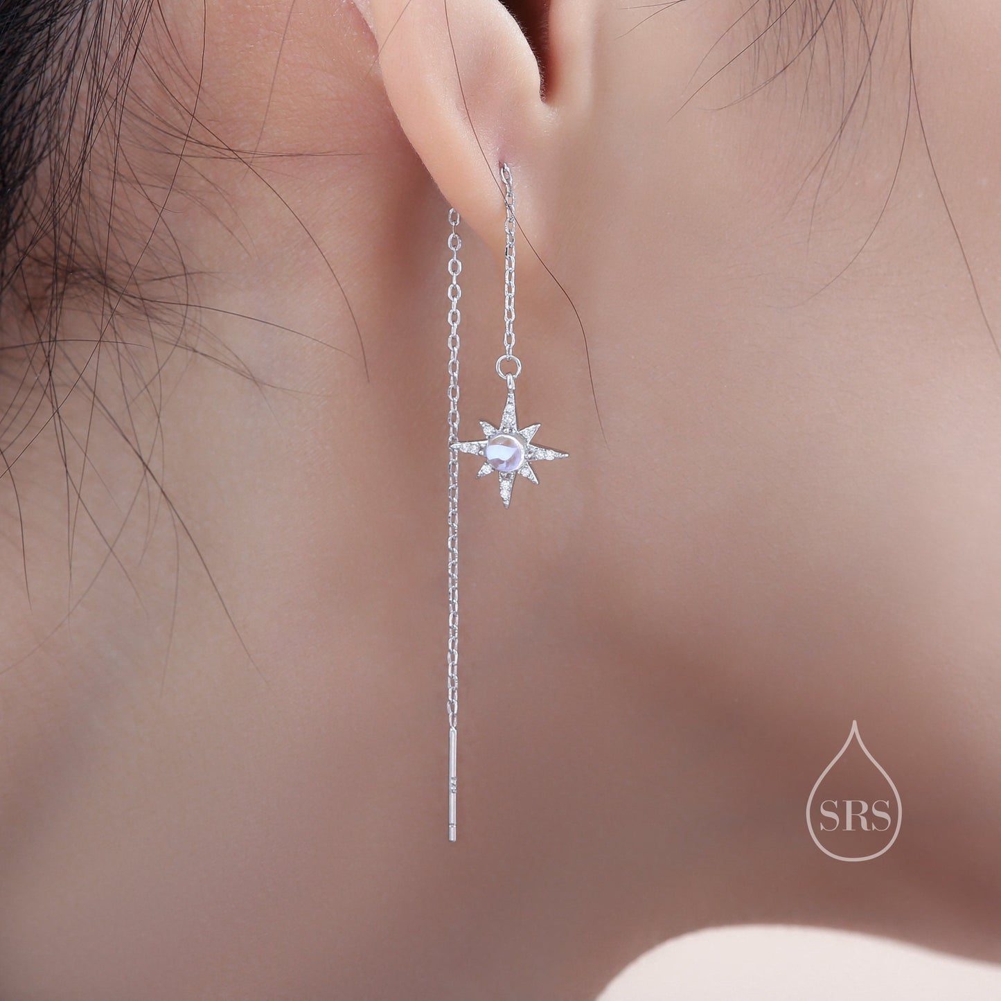 Moonstone and CZ Starburst Threader Earrings in Sterling Silver, Silver or Gold or rose gold , North Star Ear Threaders