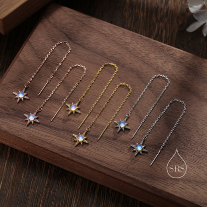 Moonstone and CZ Starburst Threader Earrings in Sterling Silver, Silver or Gold or rose gold , North Star Ear Threaders