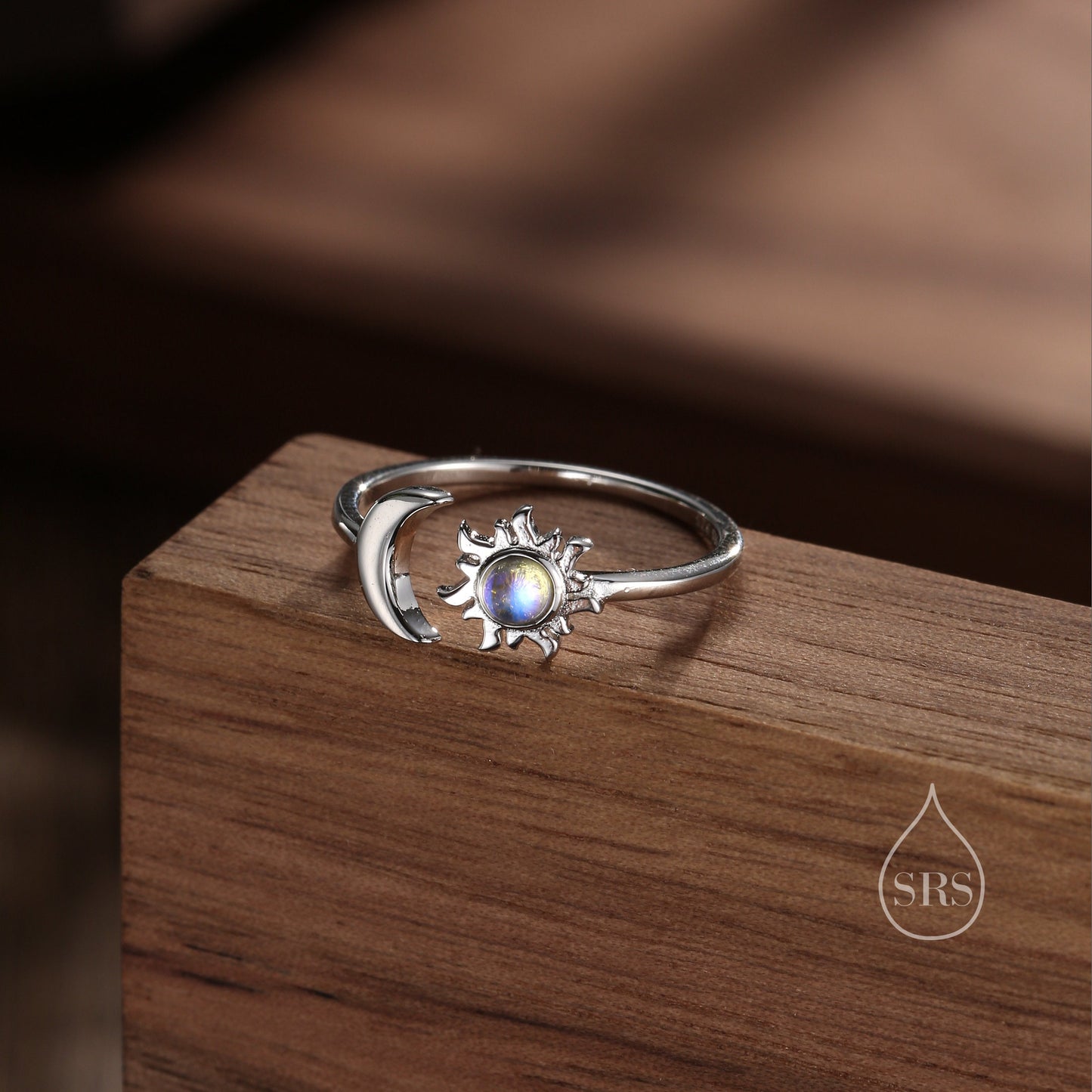 Sterling Silver Moonstone Moon and Sun Ring, Open Ring, Stacking Rings, Simulated Moonstone Ring