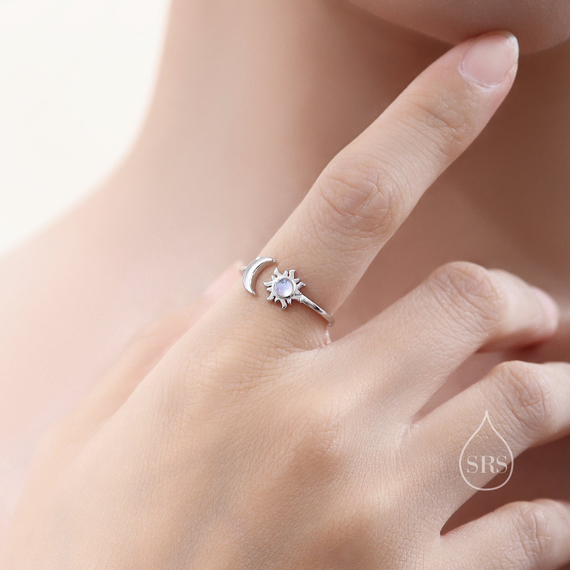 Sterling Silver Moonstone Moon and Sun Ring, Open Ring, Stacking