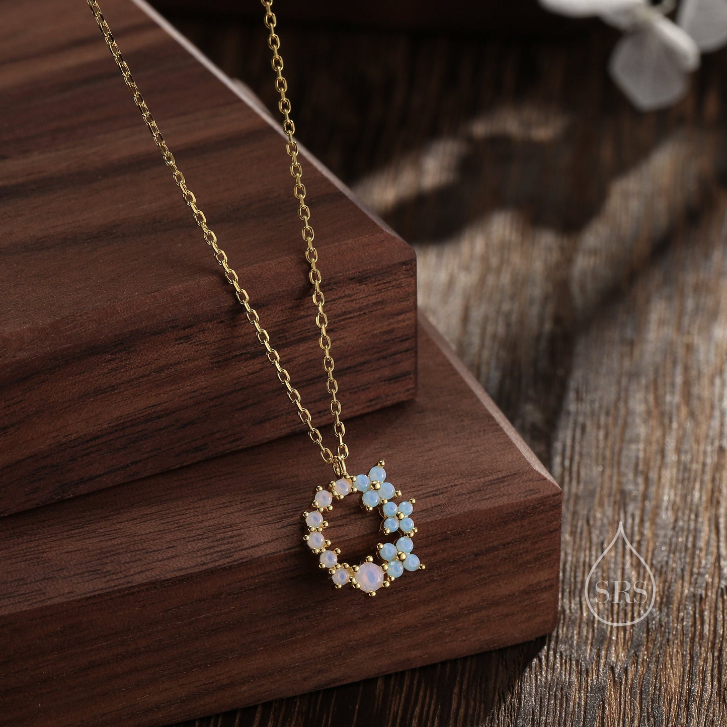 Hydrangea Bouquet Wreath CZ Necklace in Sterling Silver, Silver or Gold, Tiny Opal Blue CZ Flower Necklace, Tiny CZ Necklace