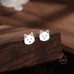 Sterling Silver Calico Cat Enamel Stud Earrings, Silver Cat Earrings, Black and White Cat Earrings, Tiny Cat Stud, Cute Kitty Stud Earrings