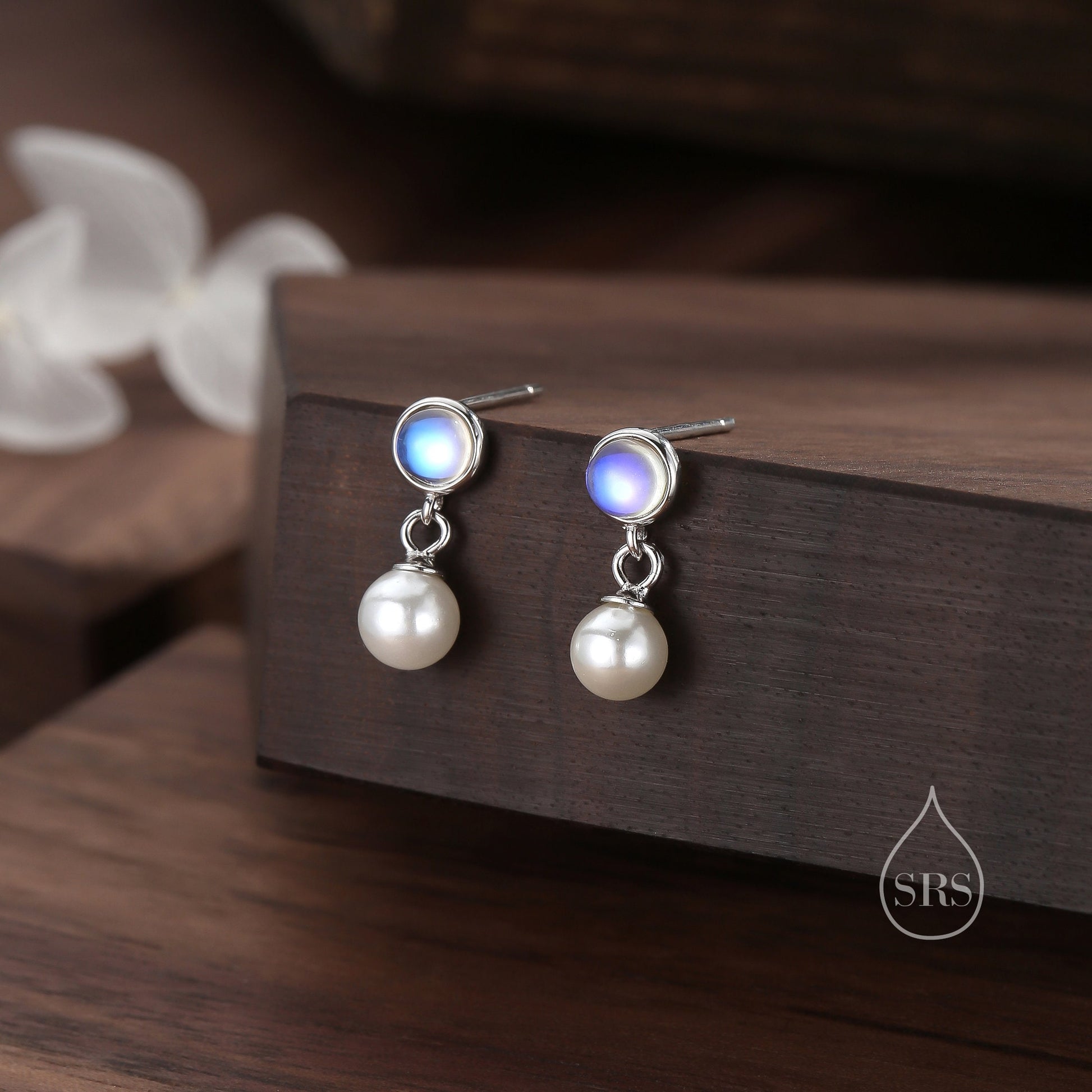 Moonstone and Pearl Dangle Earrings in Sterling Silver, Silver or Gold, Lab Moonstone and Pearl Bezel Earrings