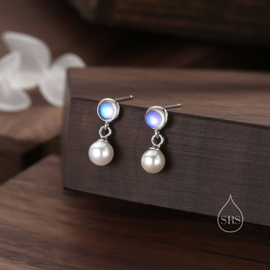 Moonstone and Pearl Dangle Earrings in Sterling Silver, Silver or Gold, Lab Moonstone and Pearl Bezel Earrings