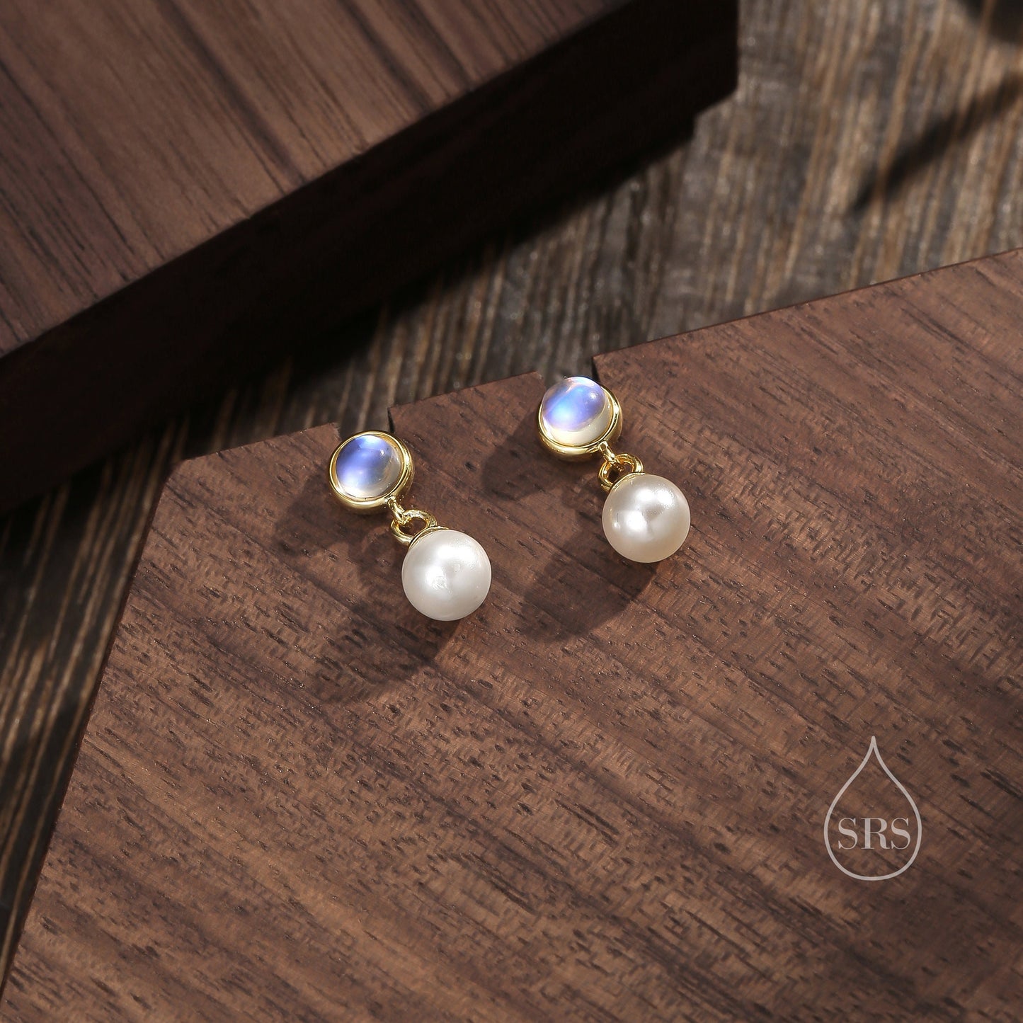 Moonstone and Pearl Dangle Earrings in Sterling Silver, Silver or Gold, Lab Moonstone and Pearl Bezel Earrings