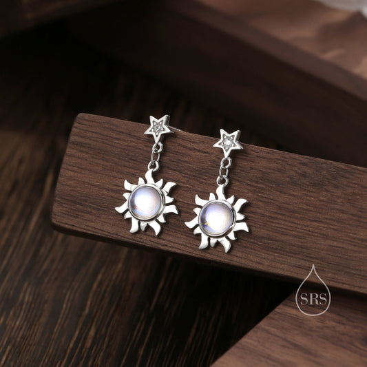 Moonstone Sun and Star Dangle Stud Earrings in Sterling Silver, Silver or Gold, Star and Sun Earrings, Moonstone Earrings, Celestial Earring