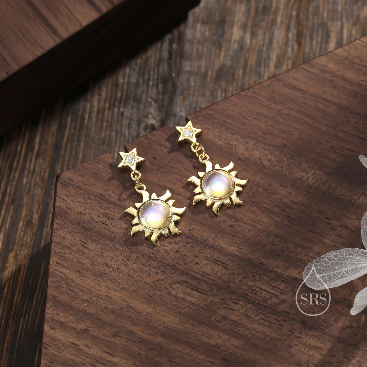 Moonstone Sun and Star Dangle Stud Earrings in Sterling Silver, Silver or Gold, Star and Sun Earrings, Moonstone Earrings, Celestial Earring